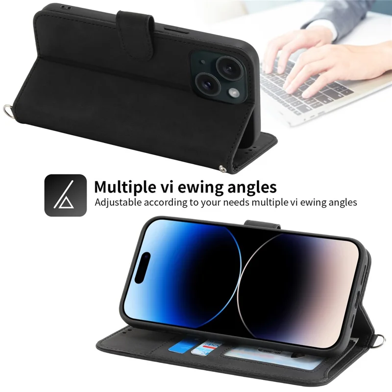 For iPhone 15 PU Leather Wallet Case Imprinted Flower Stand Phone Cover with Wrist Strap + Shoulder Strap - Black