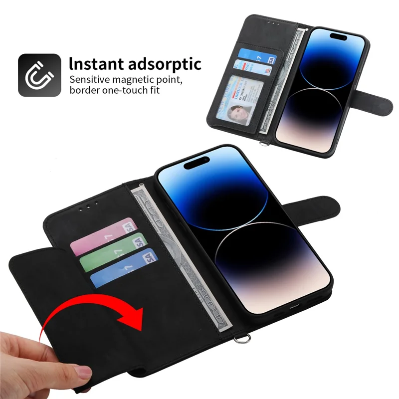 For iPhone 15 PU Leather Wallet Case Imprinted Flower Stand Phone Cover with Wrist Strap + Shoulder Strap - Black