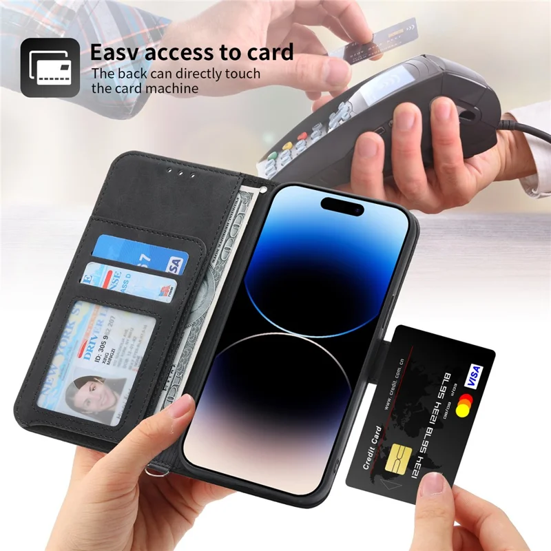 For iPhone 15 PU Leather Wallet Case Imprinted Flower Stand Phone Cover with Wrist Strap + Shoulder Strap - Black