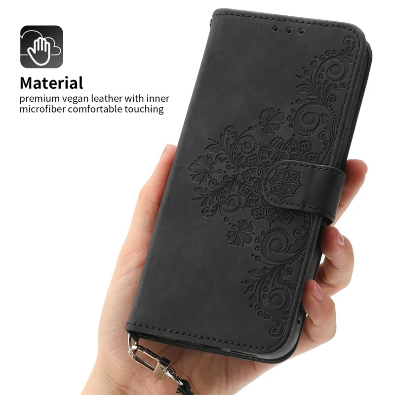 For iPhone 15 PU Leather Wallet Case Imprinted Flower Stand Phone Cover with Wrist Strap + Shoulder Strap - Black