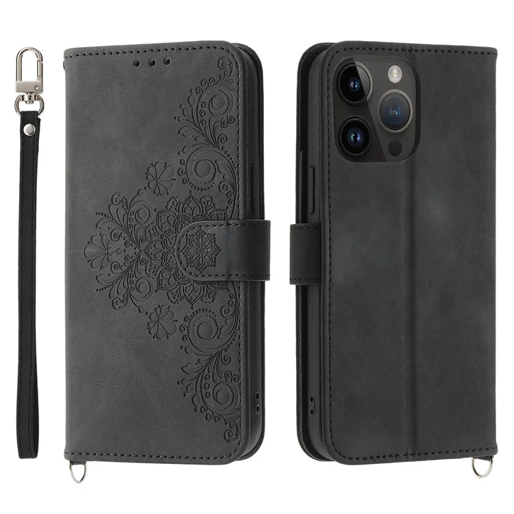 For iPhone 15 Pro Max PU Leather Flip Case Stand Wallet Imprinted Flower Phone Cover with Wrist Strap + Shoulder Strap - Black