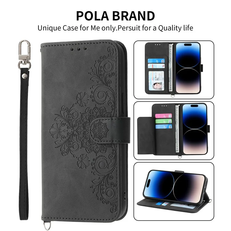 For iPhone 15 Pro Max PU Leather Flip Case Stand Wallet Imprinted Flower Phone Cover with Wrist Strap + Shoulder Strap - Black