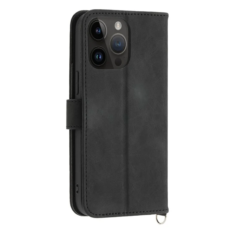 For iPhone 15 Pro Max PU Leather Flip Case Stand Wallet Imprinted Flower Phone Cover with Wrist Strap + Shoulder Strap - Black