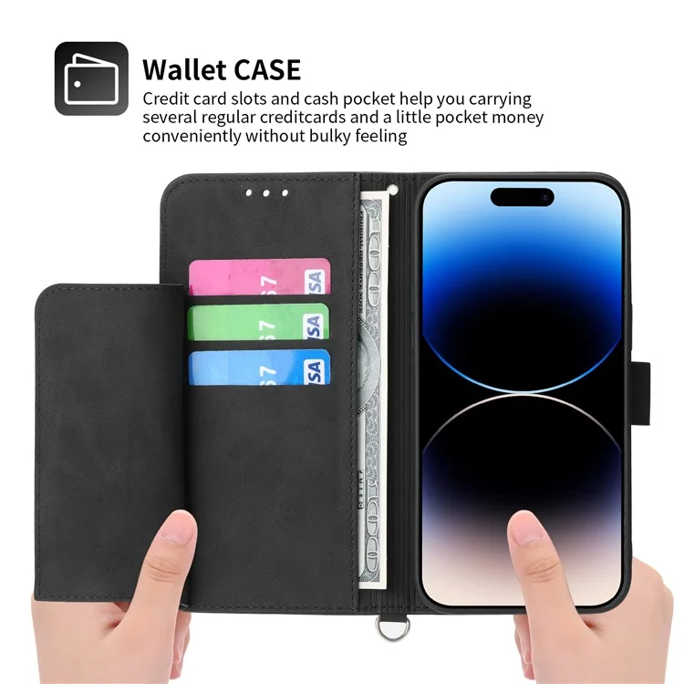 For iPhone 15 Pro Max PU Leather Flip Case Stand Wallet Imprinted Flower Phone Cover with Wrist Strap + Shoulder Strap - Black