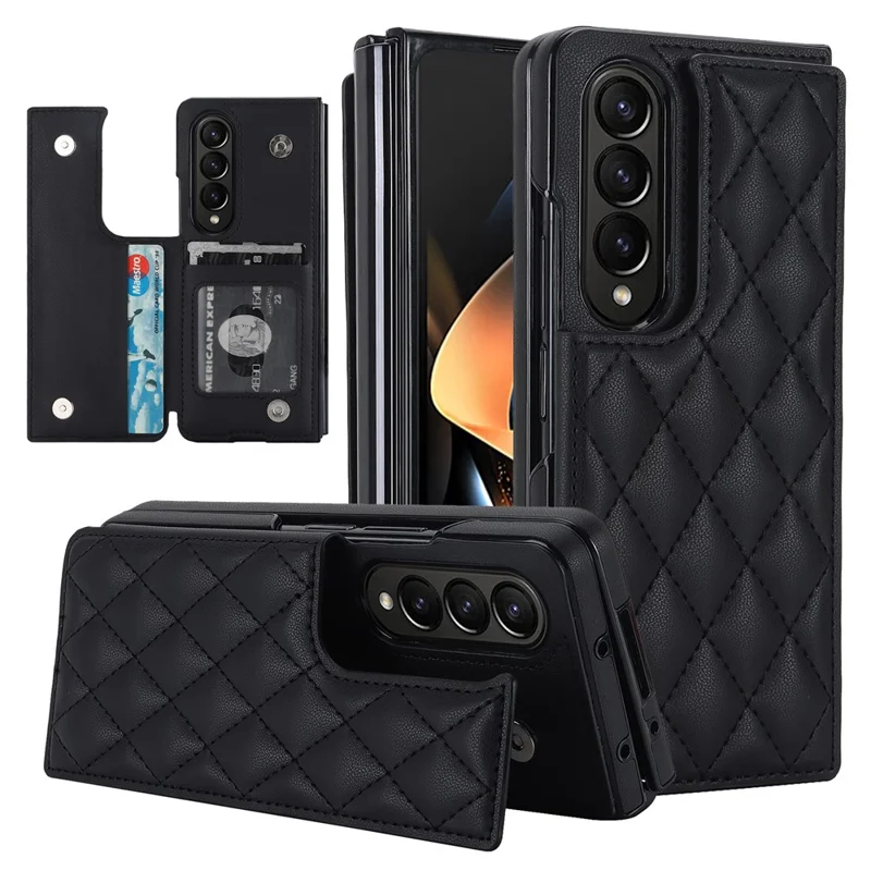 Funda con soporte para teléfono ZD020 Kickstand para Samsung Galaxy Z Fold4 5G, Pu Leather + PC con ranuras para tarjetas y costuras en forma de rombo - Negro