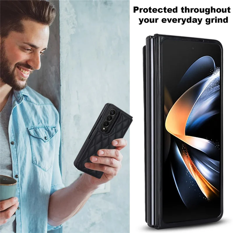 Funda con soporte para teléfono ZD020 Kickstand para Samsung Galaxy Z Fold4 5G, Pu Leather + PC con ranuras para tarjetas y costuras en forma de rombo - Negro