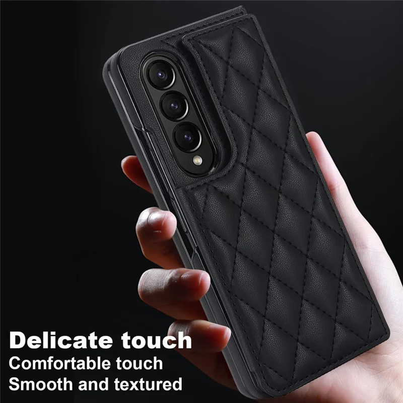 Funda con soporte para teléfono ZD020 Kickstand para Samsung Galaxy Z Fold4 5G, Pu Leather + PC con ranuras para tarjetas y costuras en forma de rombo - Negro