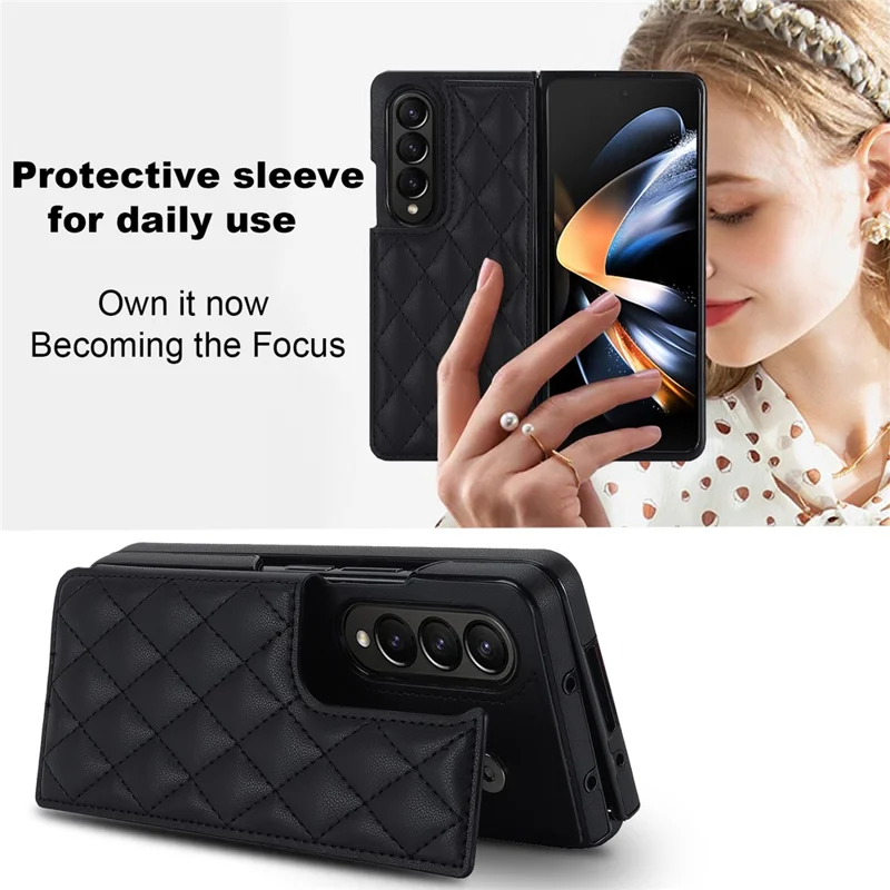 Funda con soporte para teléfono ZD020 Kickstand para Samsung Galaxy Z Fold4 5G, Pu Leather + PC con ranuras para tarjetas y costuras en forma de rombo - Negro