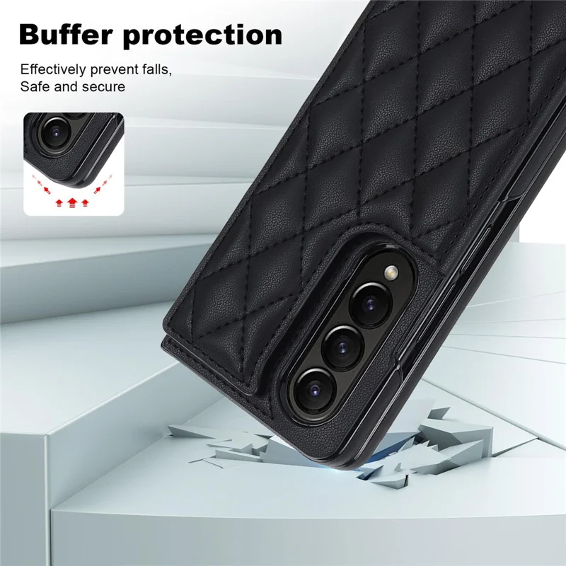 Funda con soporte para teléfono ZD020 Kickstand para Samsung Galaxy Z Fold4 5G, Pu Leather + PC con ranuras para tarjetas y costuras en forma de rombo - Negro