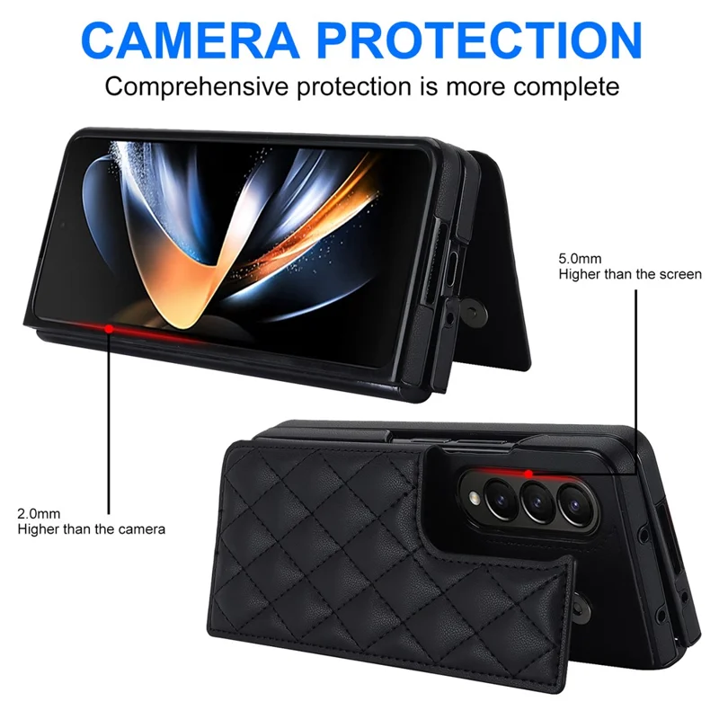 Funda con soporte para teléfono ZD020 Kickstand para Samsung Galaxy Z Fold4 5G, Pu Leather + PC con ranuras para tarjetas y costuras en forma de rombo - Negro