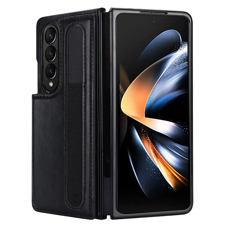 ZD019 Card Slots Kickstand Cover per Samsung Galaxy Z Fold4 5G, Custodia in Pelle PU+PC Pieghevole con Porta Penna - Nero