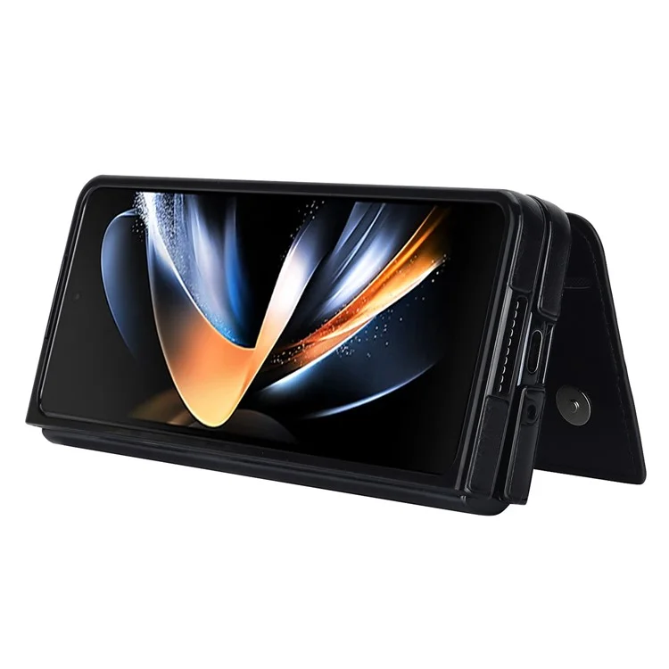 ZD019 Card Slots Kickstand Cover per Samsung Galaxy Z Fold4 5G, Custodia in Pelle PU+PC Pieghevole con Porta Penna - Nero