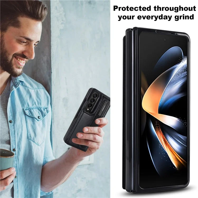 ZD019 Card Slots Kickstand Cover per Samsung Galaxy Z Fold4 5G, Custodia in Pelle PU+PC Pieghevole con Porta Penna - Nero