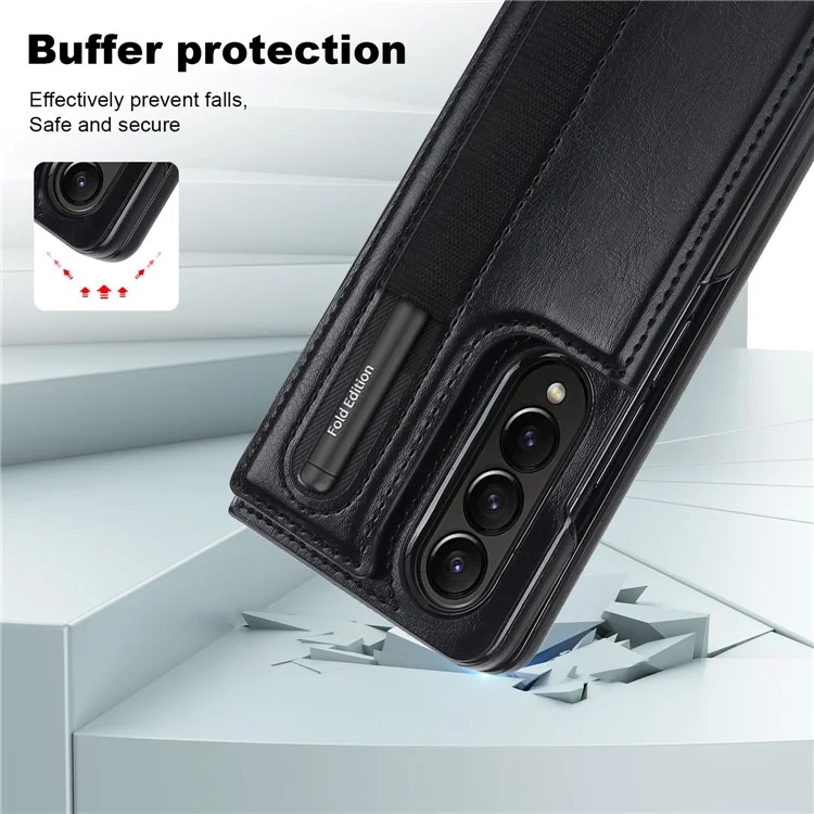 ZD019 Card Slots Kickstand Cover per Samsung Galaxy Z Fold4 5G, Custodia in Pelle PU+PC Pieghevole con Porta Penna - Nero