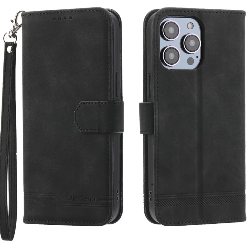 DIERFENG DF-03 Funda de Cartera para iPhone 15 Pro, Cubierta de Pie con Líneas Estampadas de Cuero - Negro