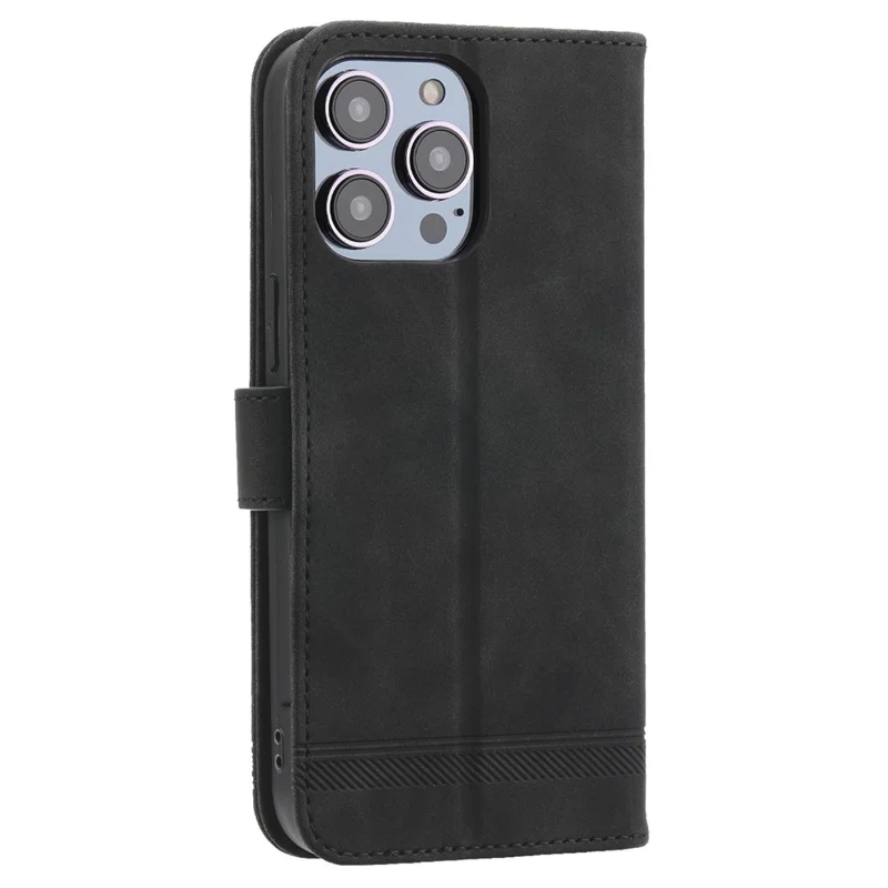 DIERFENG DF-03 Funda de Cartera para iPhone 15 Pro, Cubierta de Pie con Líneas Estampadas de Cuero - Negro