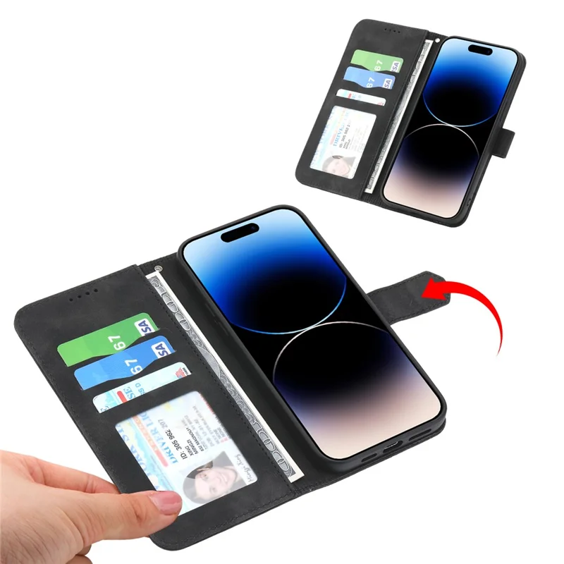 DIERFENG DF-03 Funda de Cartera para iPhone 15 Pro, Cubierta de Pie con Líneas Estampadas de Cuero - Negro