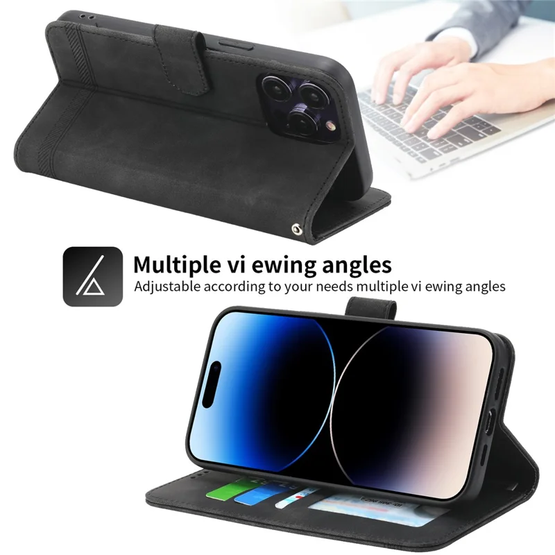 DIERFENG DF-03 Funda de Cartera para iPhone 15 Pro, Cubierta de Pie con Líneas Estampadas de Cuero - Negro