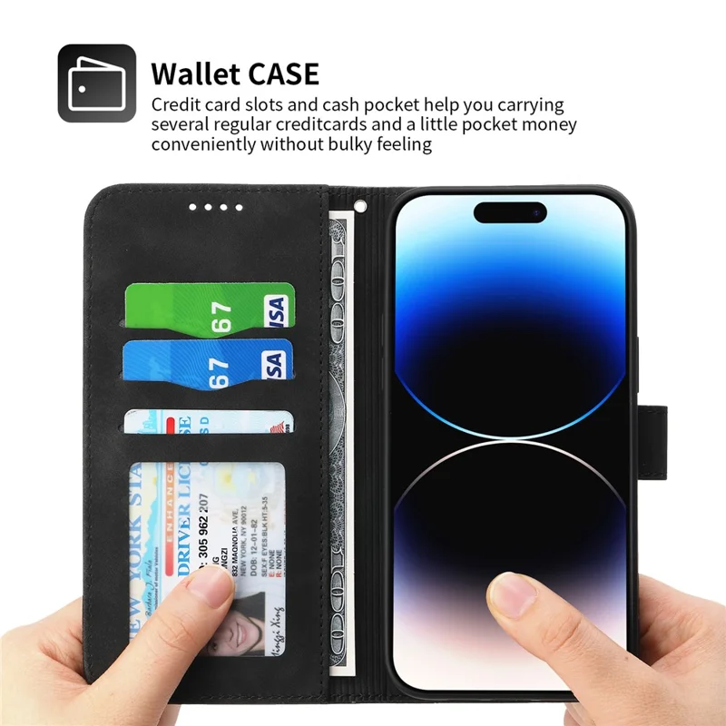 DIERFENG DF-03 Funda de Cartera para iPhone 15 Pro, Cubierta de Pie con Líneas Estampadas de Cuero - Negro