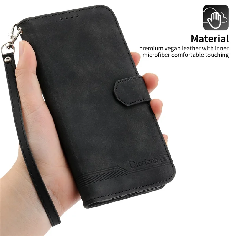 DIERFENG DF-03 Funda de Cartera para iPhone 15 Pro, Cubierta de Pie con Líneas Estampadas de Cuero - Negro