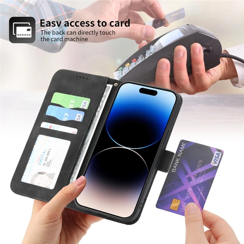 DIERFENG DF-03 Funda de Cartera para iPhone 15 Pro, Cubierta de Pie con Líneas Estampadas de Cuero - Negro