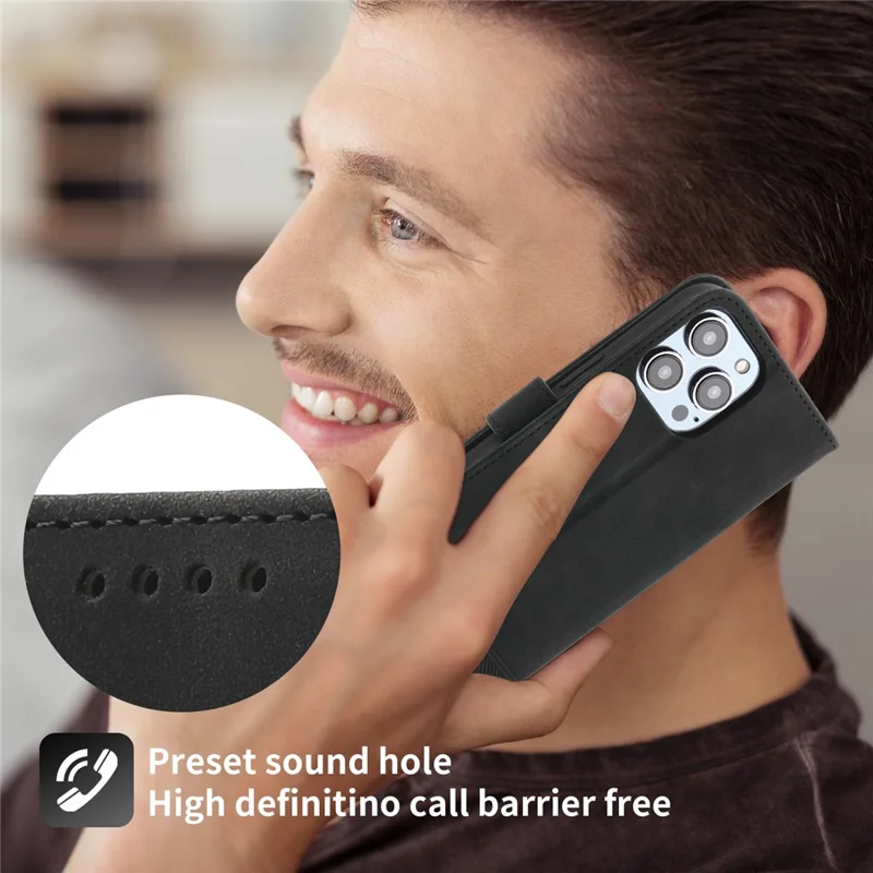 DIERFENG DF-03 Funda de Cartera para iPhone 15 Pro, Cubierta de Pie con Líneas Estampadas de Cuero - Negro