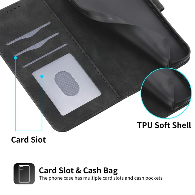 DIERFENG DF-03 PU-læder telefonbeskytning til iPhone 15, stander- og wallet-taske med linjepræget mønster - Sort