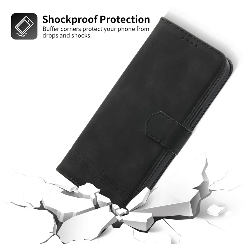 DIERFENG DF-03 PU-læder telefonbeskytning til iPhone 15, stander- og wallet-taske med linjepræget mønster - Sort