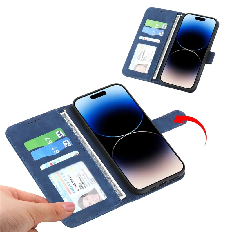 DIERFENG DF-03 Lederetui für iPhone 15 Pro Max, liniengeprägter Telefonschutz mit Ständer Geldbörse - Blau