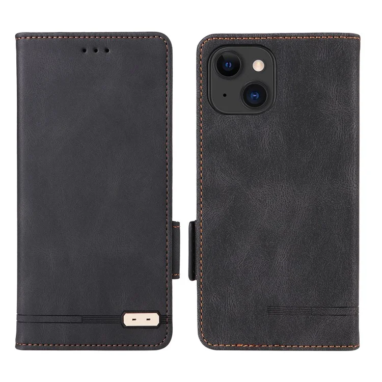 For iPhone 15 Mobile Phone Case Hardware Decor PU Leather Wallet Stand Phone Cover - Black