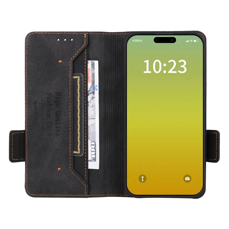 For iPhone 15 Mobile Phone Case Hardware Decor PU Leather Wallet Stand Phone Cover - Black