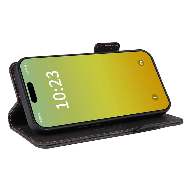 For iPhone 15 Mobile Phone Case Hardware Decor PU Leather Wallet Stand Phone Cover - Black