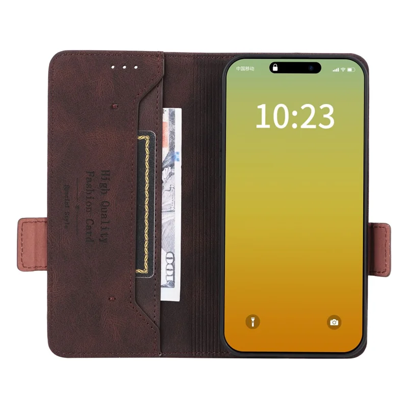 Telefon-Schale für iPhone 15 Pro Max, Telefon-Hülle aus PU-Leder, Geldbörse, Ständer, Hardware-Dekor, Abdeckung - Kaffee