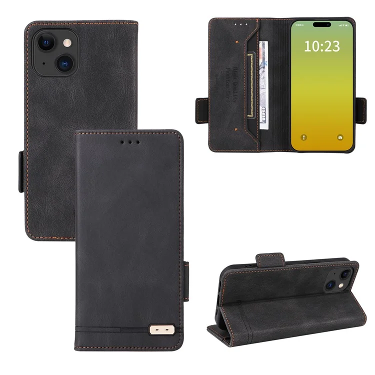 Cover anti-graffio per iPhone 15 Plus, Decorazione hardware, Custodia in pelle PU Wallet Stand Shell - Nero