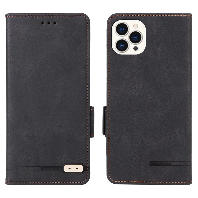 For iPhone 15 Pro Hardware Decor Phone Case PU Leather Wallet Stand Cover - Black
