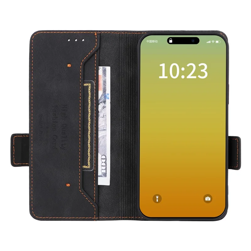 For iPhone 15 Pro Hardware Decor Phone Case PU Leather Wallet Stand Cover - Black