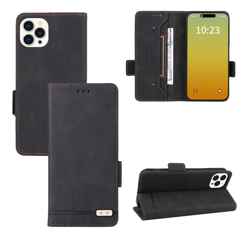 For iPhone 15 Pro Hardware Decor Phone Case PU Leather Wallet Stand Cover - Black