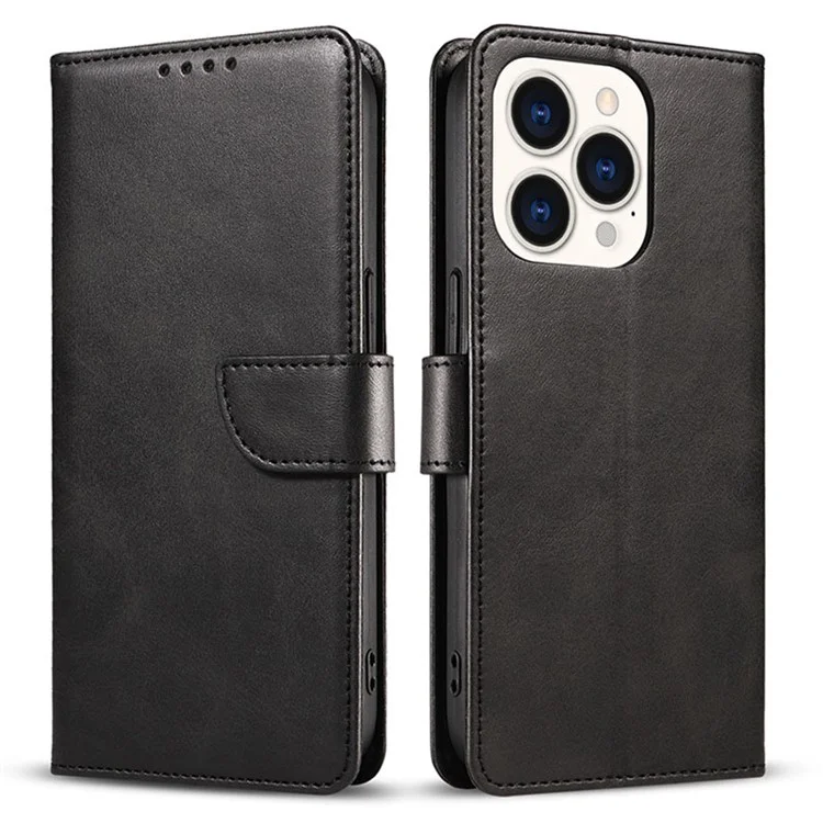 Per iPhone 15 Pro Max Calf Texture Stand Shell Cell Phone Case Wallet PU Leather+TPU Phone Cover - Nero
