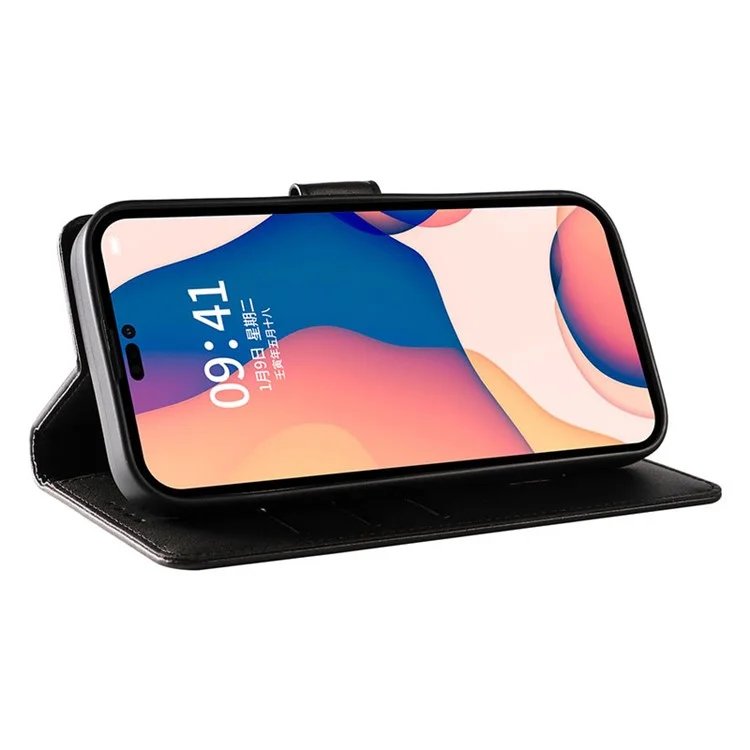 Per iPhone 15 Pro Max Calf Texture Stand Shell Cell Phone Case Wallet PU Leather+TPU Phone Cover - Nero