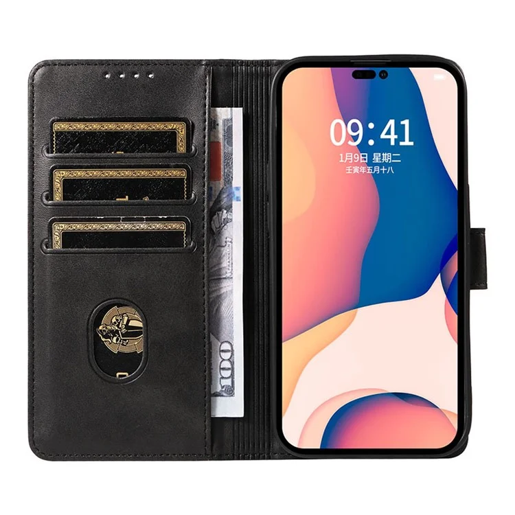 Per iPhone 15 Pro Max Calf Texture Stand Shell Cell Phone Case Wallet PU Leather+TPU Phone Cover - Nero
