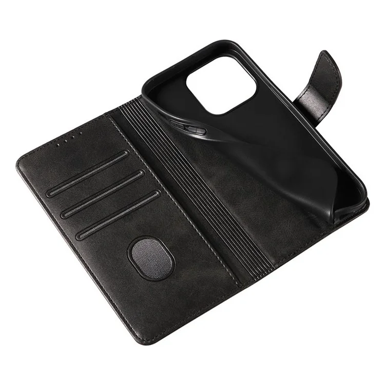 Per iPhone 15 Pro Max Calf Texture Stand Shell Cell Phone Case Wallet PU Leather+TPU Phone Cover - Nero