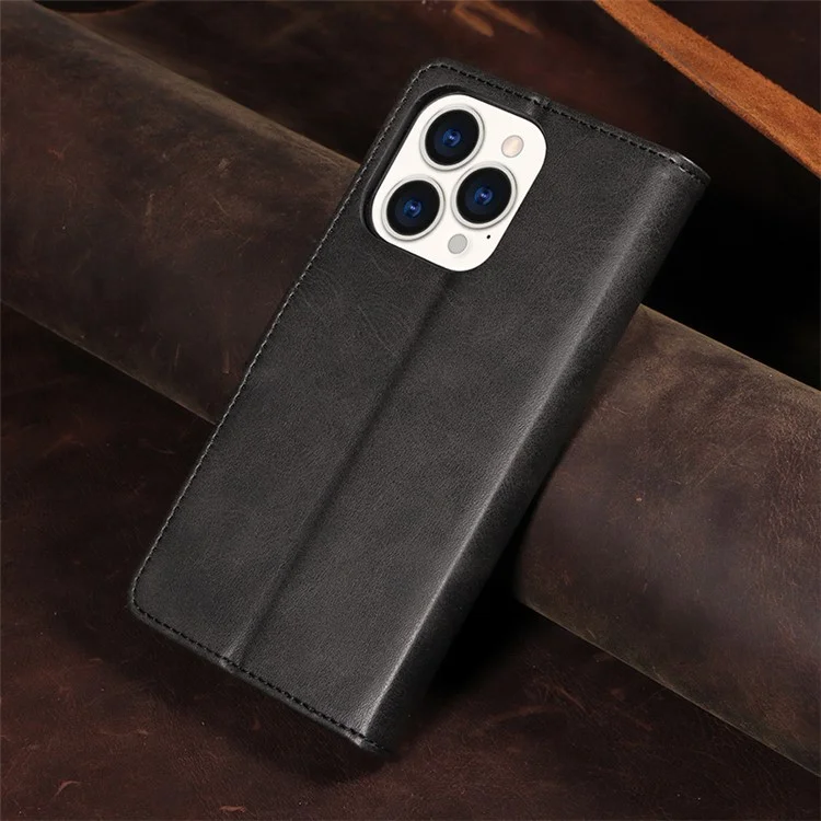 Per iPhone 15 Pro Max Calf Texture Stand Shell Cell Phone Case Wallet PU Leather+TPU Phone Cover - Nero