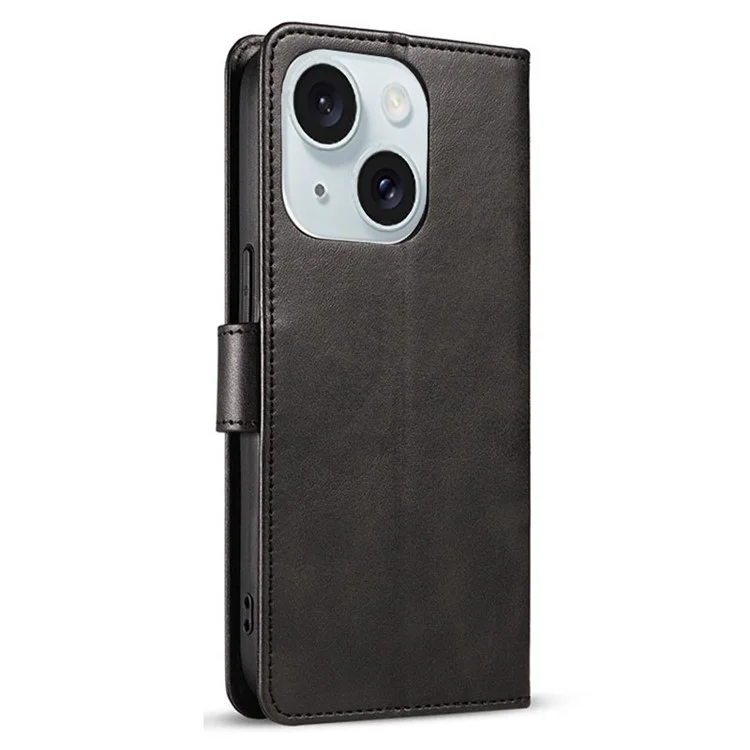 Para iPhone 15 Funda de teléfono a prueba de golpes Calf Texture Stand Case PU Leather+TPU Phone Cover Wallet - Negro