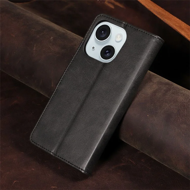 Para iPhone 15 Funda de teléfono a prueba de golpes Calf Texture Stand Case PU Leather+TPU Phone Cover Wallet - Negro