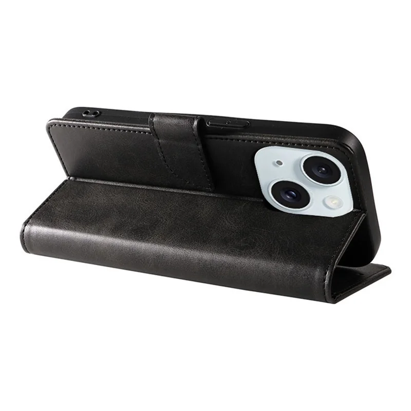 For iPhone 15 Shockproof Phone Shell Calf Texture Stand Case PU Leather+TPU Phone Cover Wallet - Khaki