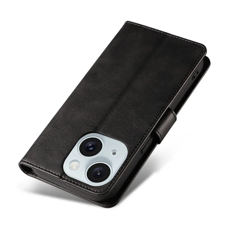 For iPhone 15 Shockproof Phone Shell Calf Texture Stand Case PU Leather+TPU Phone Cover Wallet - Khaki