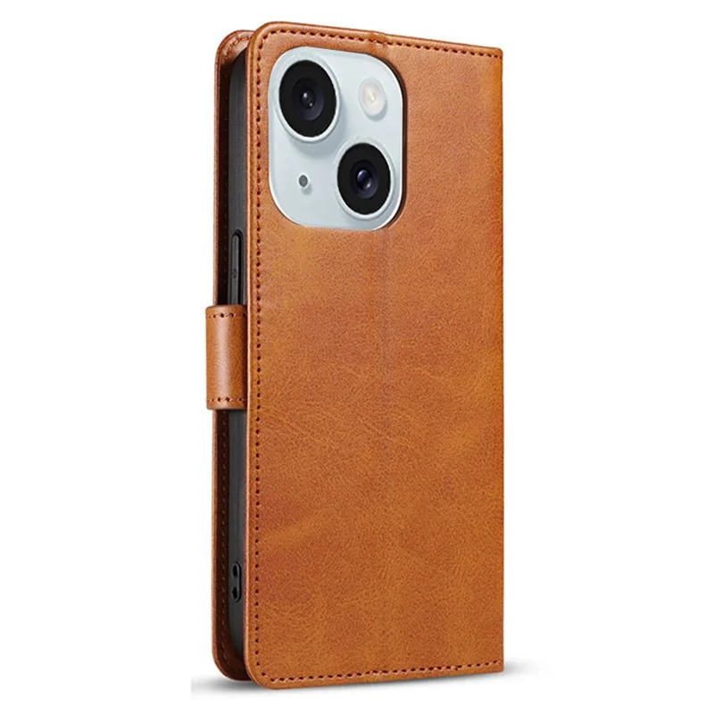 For iPhone 15 Shockproof Phone Shell Calf Texture Stand Case PU Leather+TPU Phone Cover Wallet - Khaki