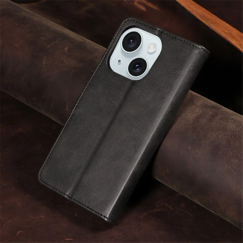 For iPhone 15 Shockproof Phone Shell Calf Texture Stand Case PU Leather+TPU Phone Cover Wallet - Khaki