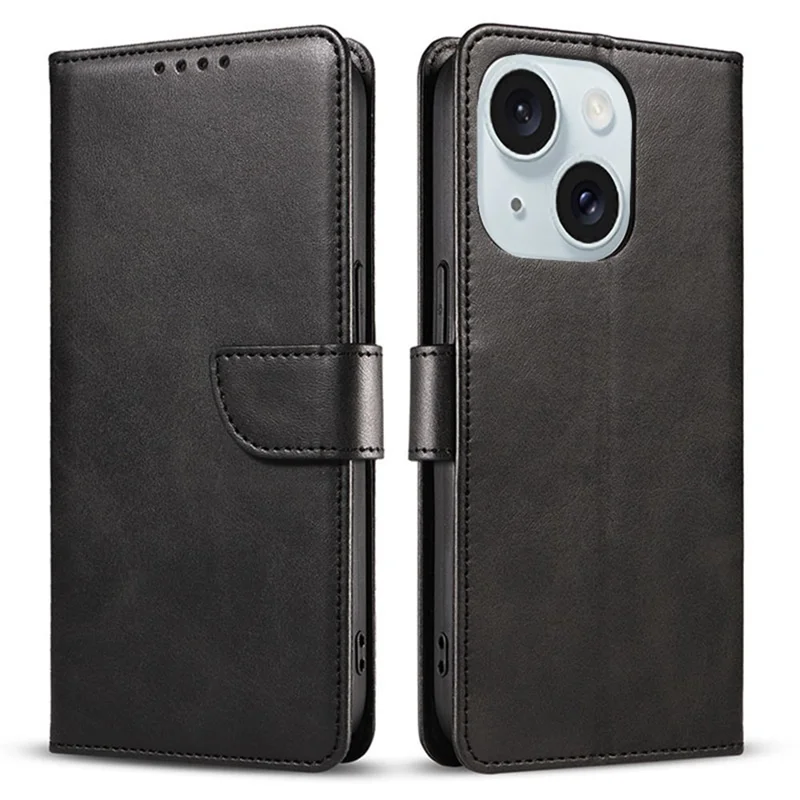 Cell Phone Cover for iPhone 15 Plus Case Stand PU Leather Wallet Phone Shell - Black