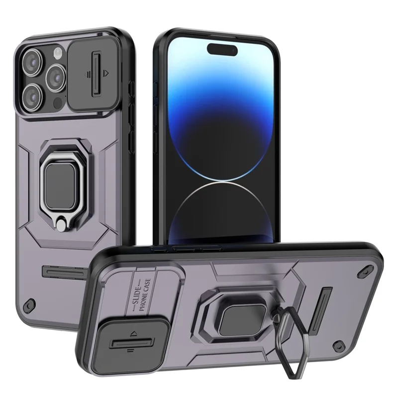For iPhone 15 Pro Kickstand Phone Case with Slide Lens Cover PC+TPU Shockproof Rugged Shell - Purple